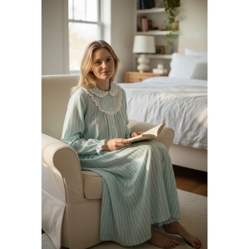 Blue Stripe Cotton Flannel Long Nightgown S Cottagecore Granny Cozy Winter